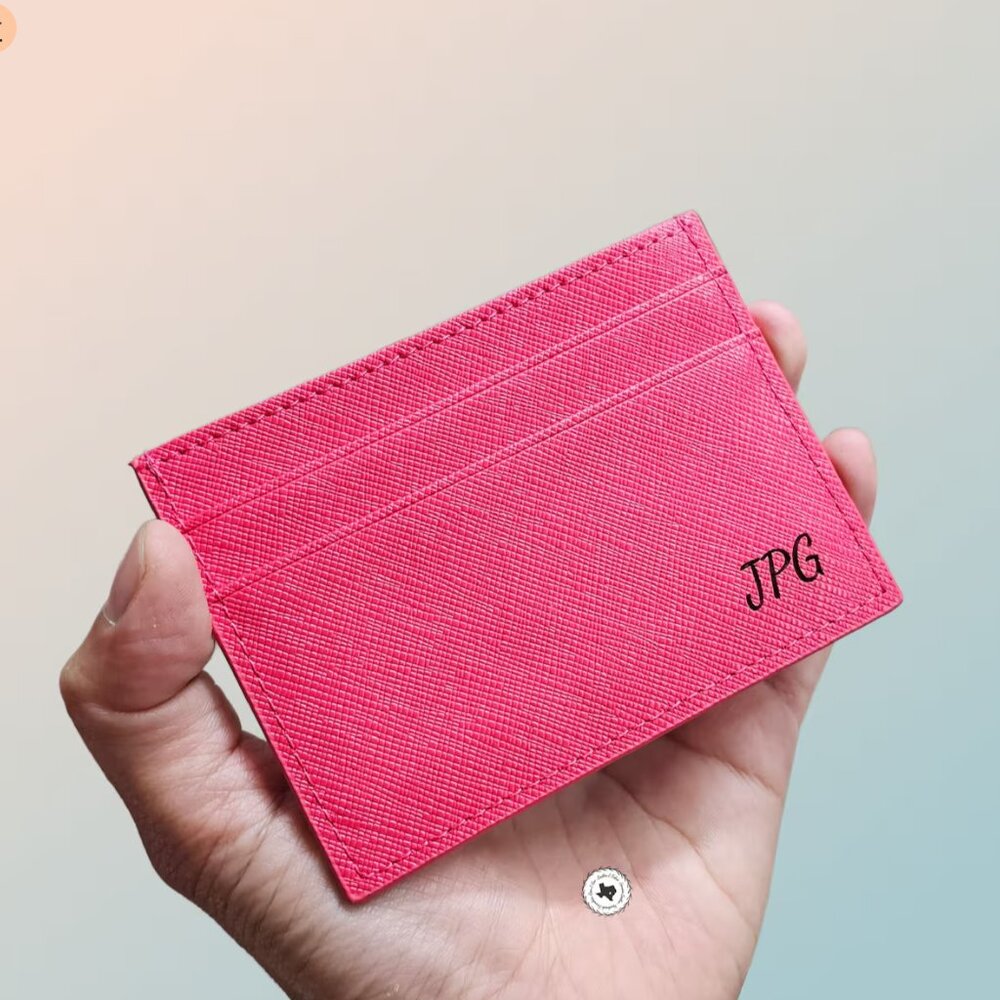 Hot Pink Genuine Saffiano Leather Card Case Woman's Small Wallet